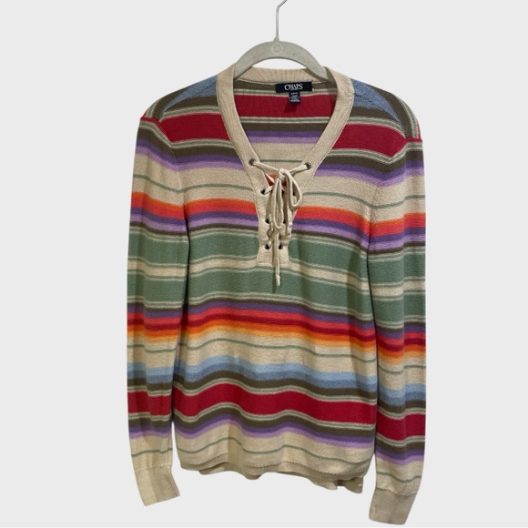 Chaps Women's  Striped Lace Up Multi  Rainbow Sweater Size Small - Picture 4 of 10